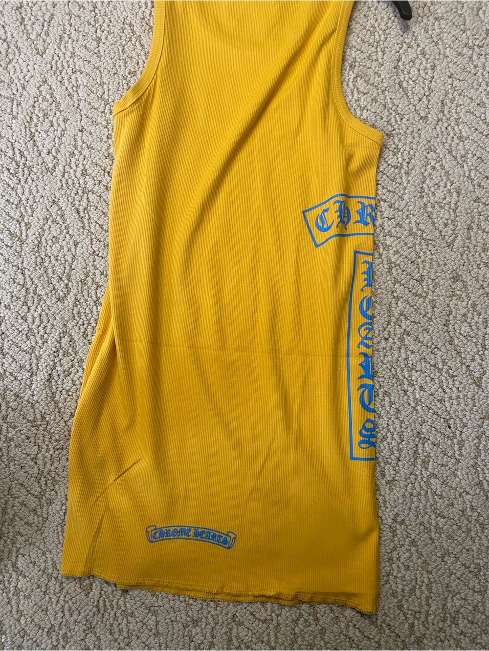 Source unknown Yellow Graphic Ribbed Tank Dress with Blue Accents